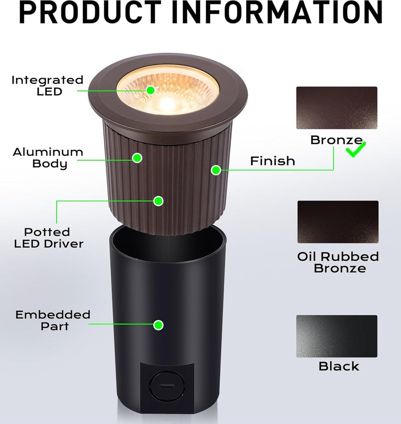 CLOUDY BAY [6 Pack] 9W LED Landscape Well Lights,2700K/3000K/3500K/4000K/5000K Selectable,Low Voltage 12V/24V Ground Lighting,Waterproof Outdoor In Ground Lights for Uplights,Bronze - Image 2
